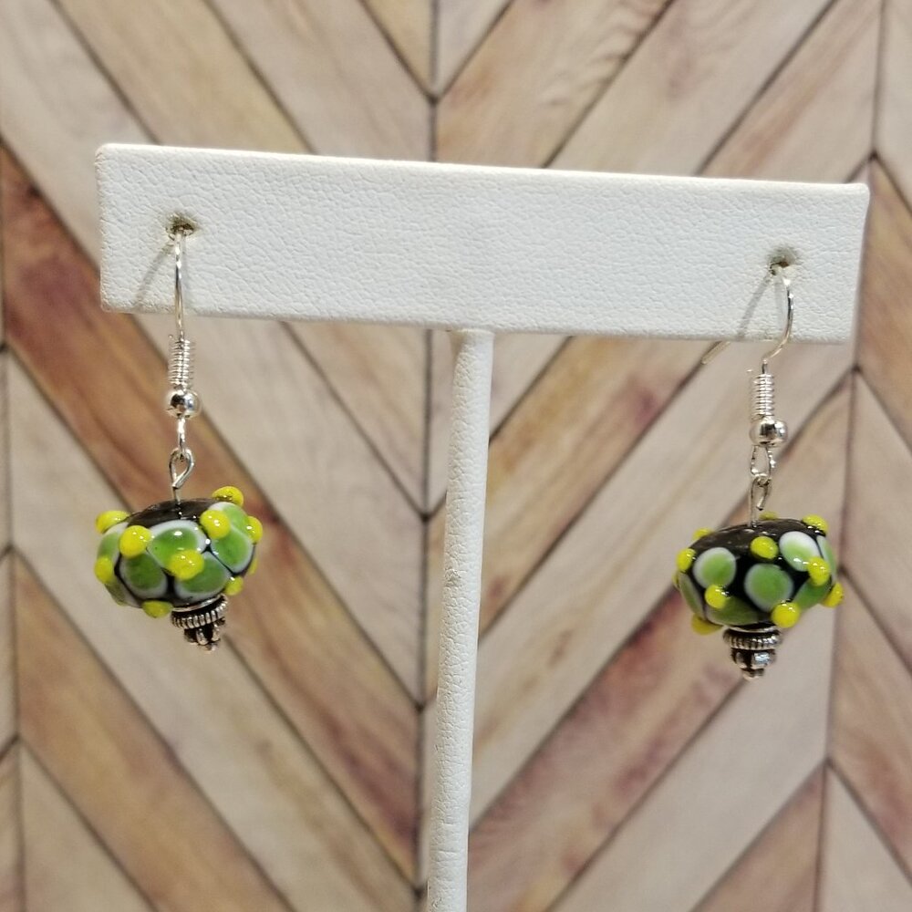 Green, Yellow, and White Dot Glass Bead Earring